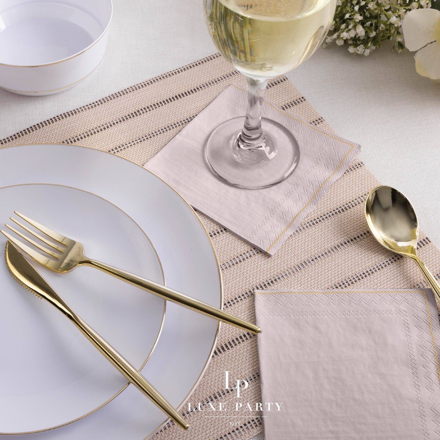 Linen with Gold Stripe Paper Cocktail Napkins | 20 Napkins: 20 Beverage Napkins - 5" x 5"