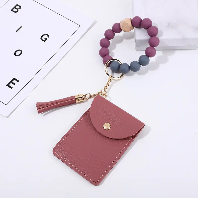 Mauve Bead Bracelet Card Holder Wallet -