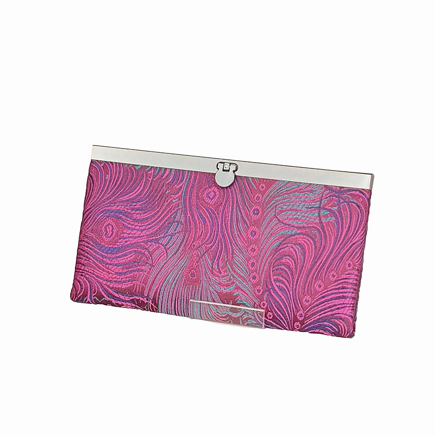 Peacock Brocade Wallet – Bi-Fold Clutch with Clasp: Gray & Gold
