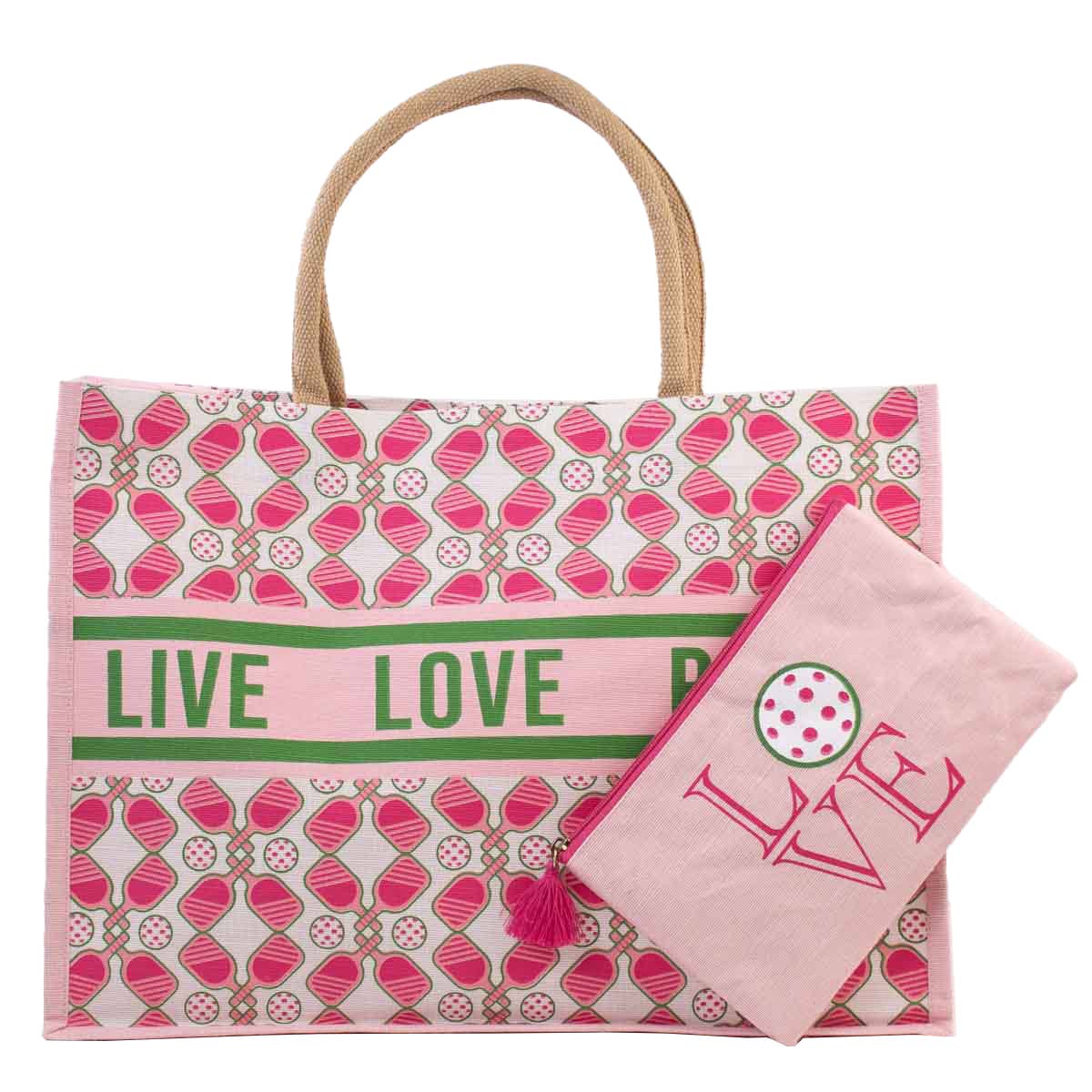 Pickleball Love Juco Tote Pink/Green/White 19x14x7.5