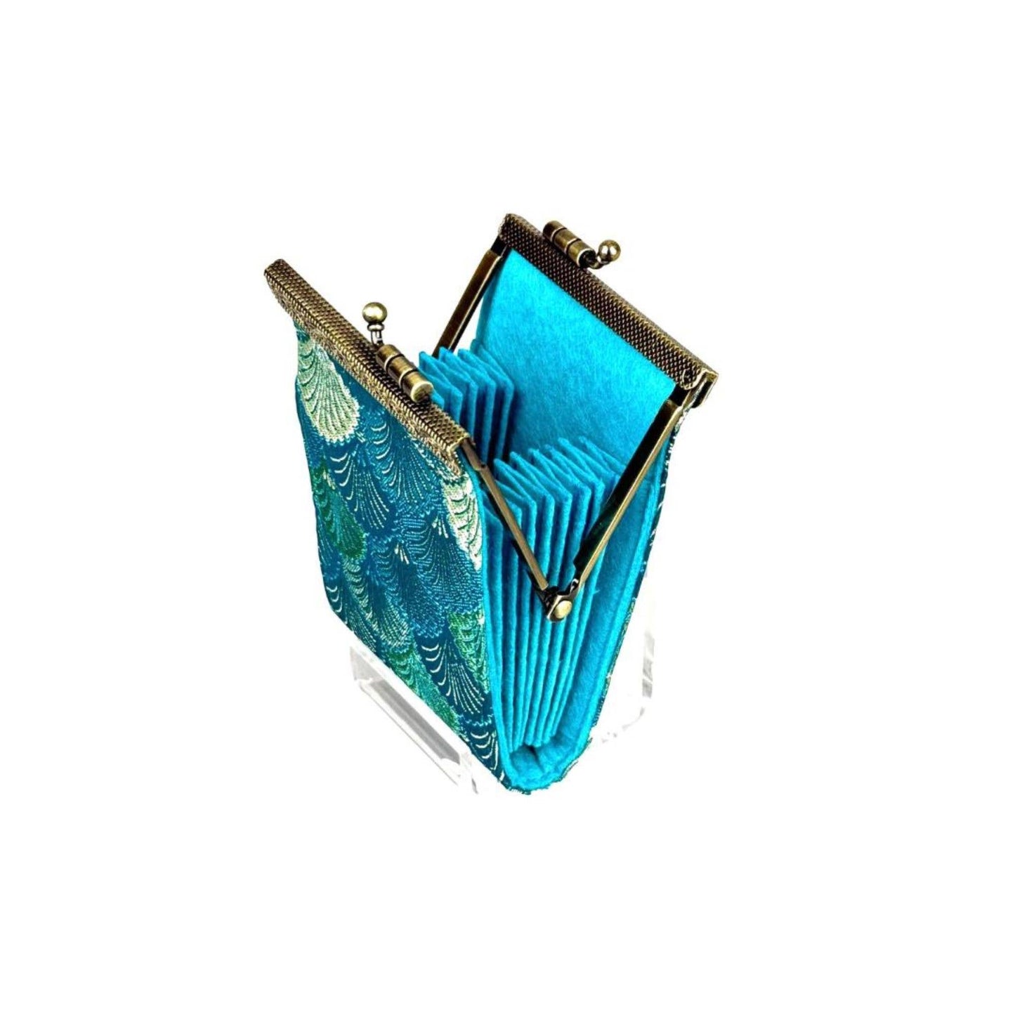 Small Shell Brocade RFID Card Holder: Sky Blue & Green