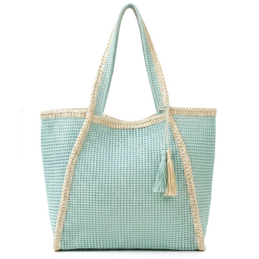 Two Tone Woven Straw Tote Bag: BK