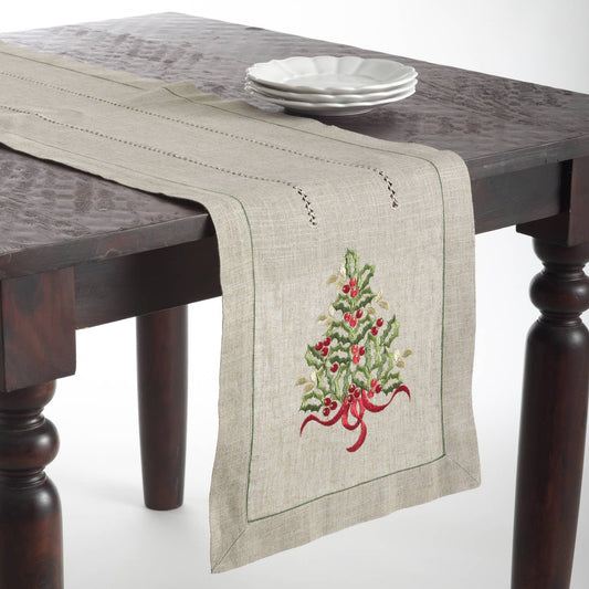 Xmas Tree Embroidered Runner: Natural / 16"x72"