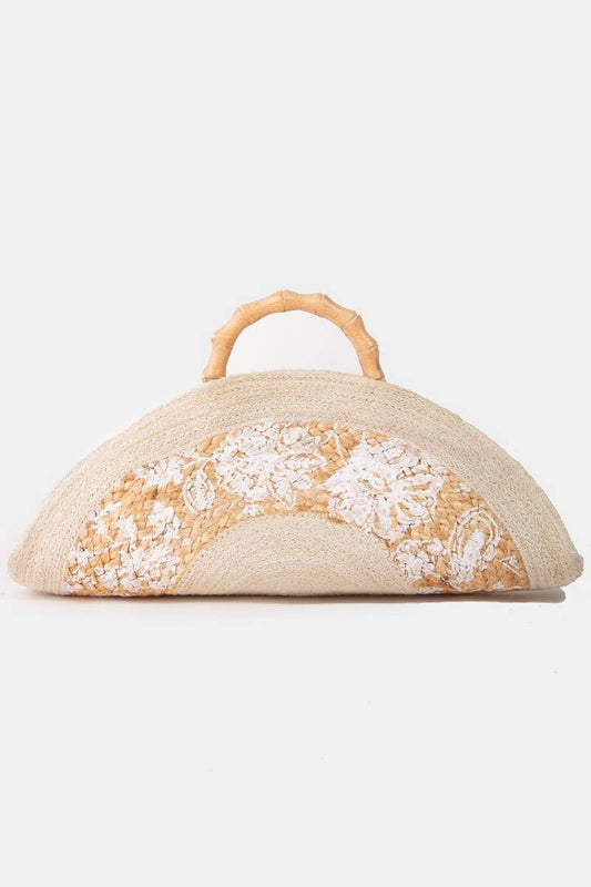 Floral Print Two Tone Jute Tote Bag: MULTI