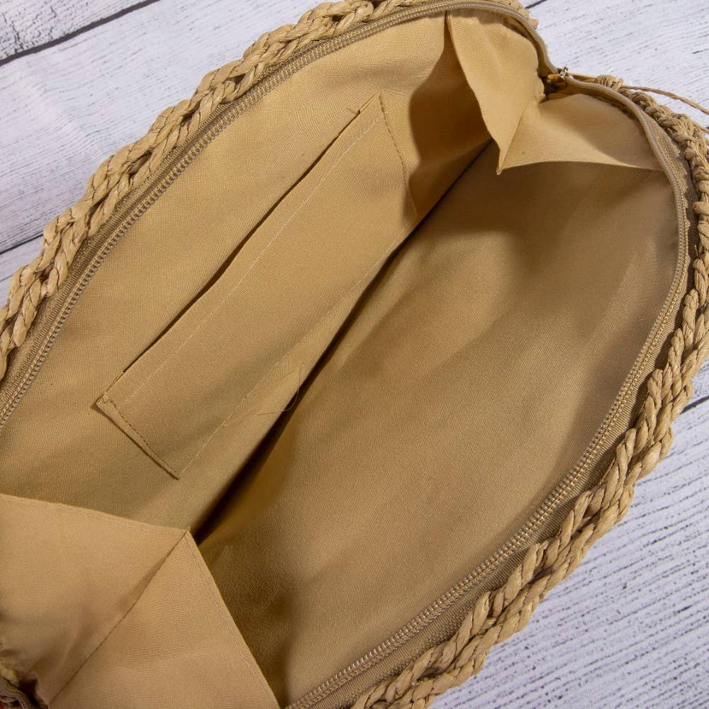 Straw Woven Half Moon Clutch Bag: BEI