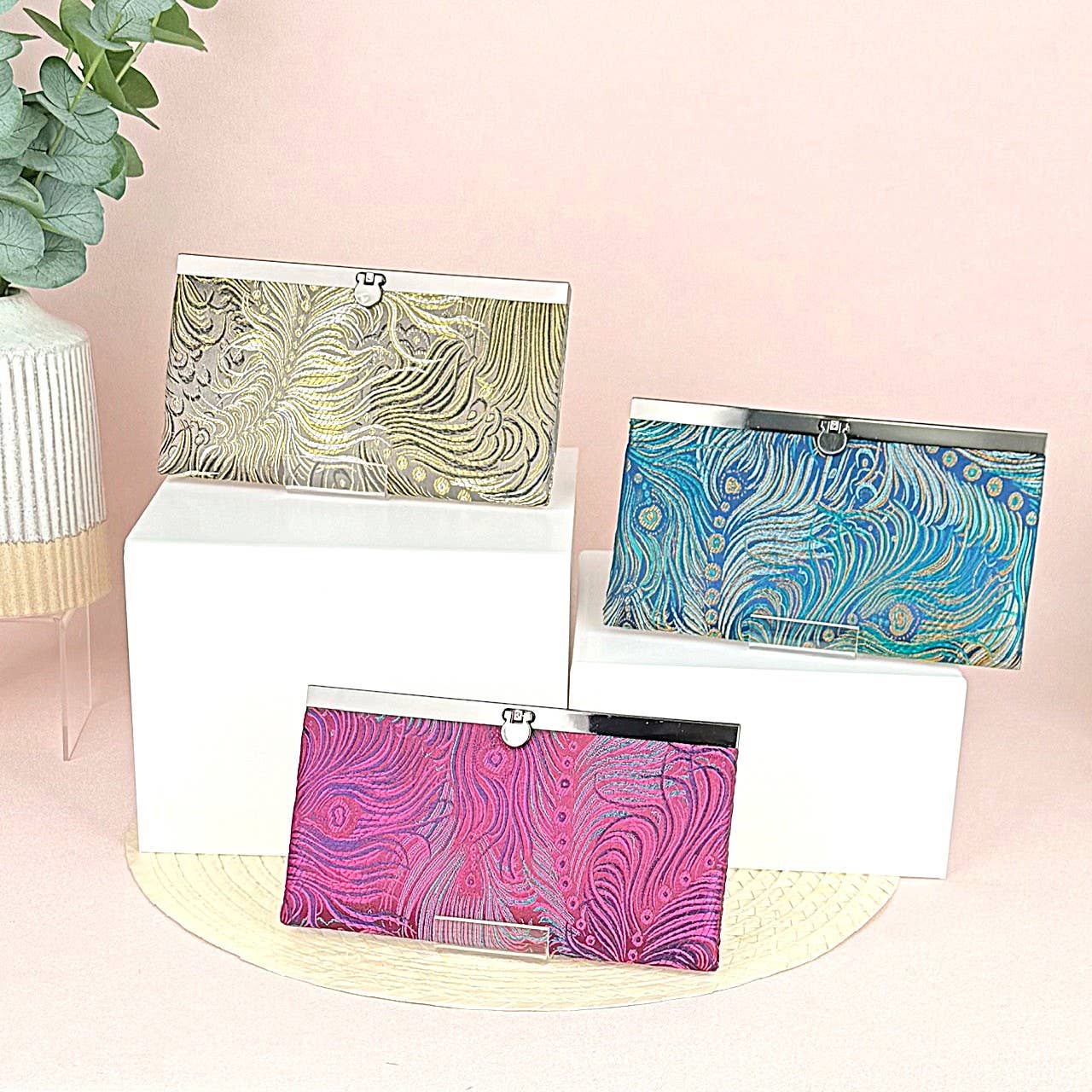 Peacock Brocade Wallet – Bi-Fold Clutch with Clasp: Blue & Gold