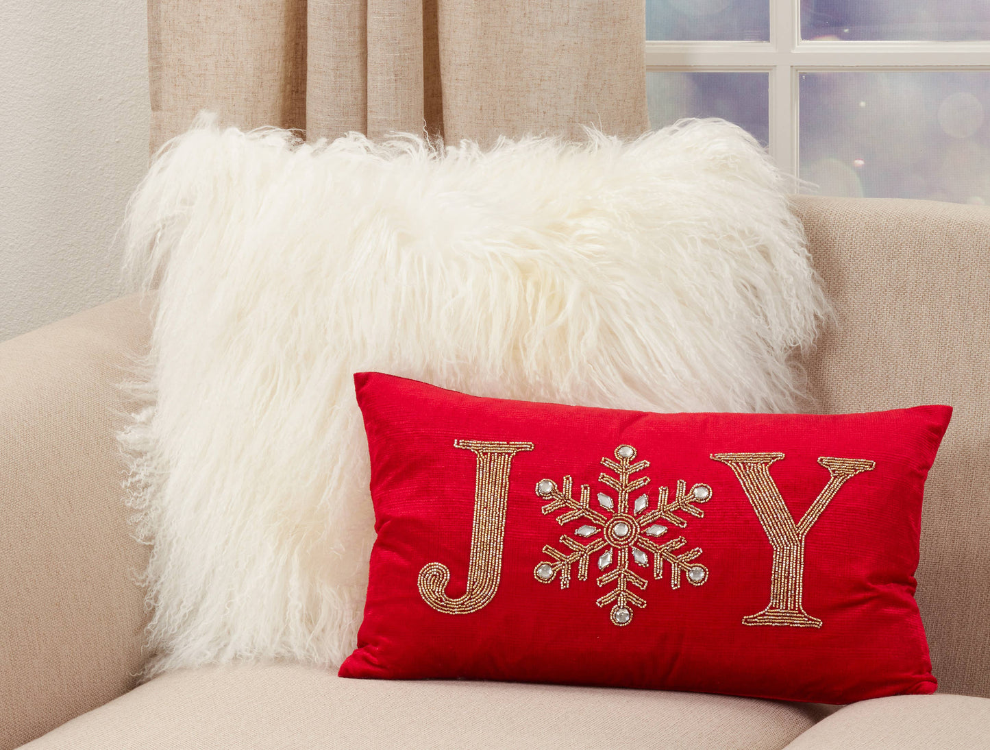 Beaded Throw Pillow With Joy Design: Red / Poly Filled / 12"x20"