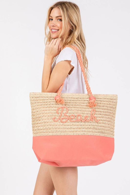 LB Large Beach Print Braided Tote Bag CO