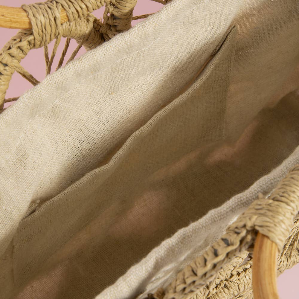 Open Circle Weave Straw Tote Bag With Wood Handle: IV