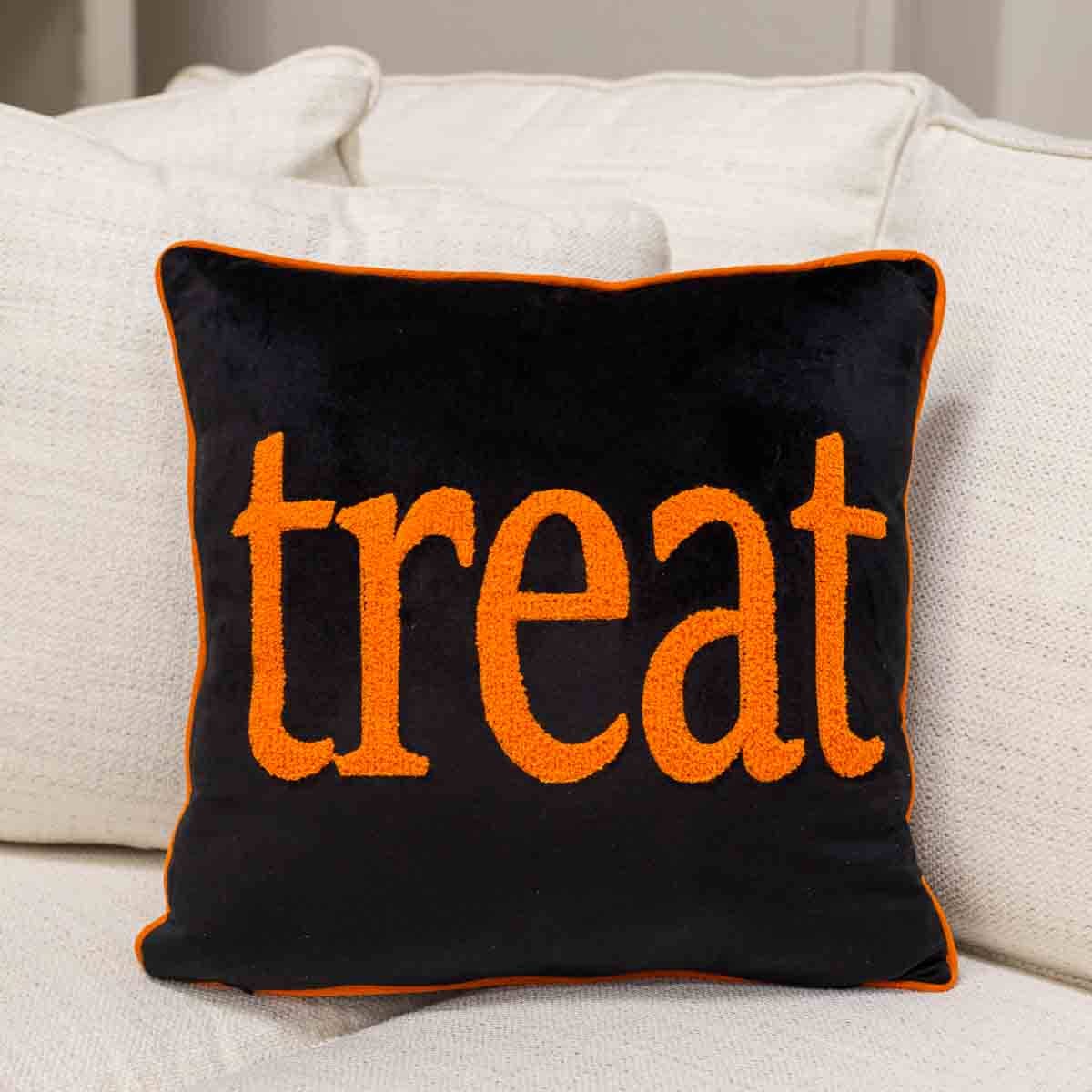 Trick or Treat Double Sided Pillow   Black/Orange/White   16x16