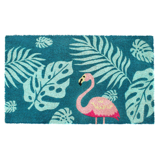 Blue Palm Flamingo Doormat, 18" x 30"