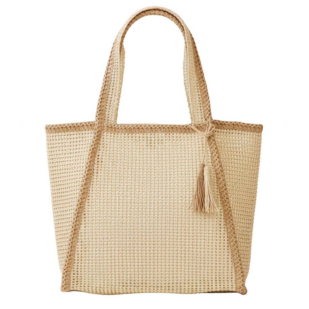 Two Tone Woven Straw Tote Bag: BK