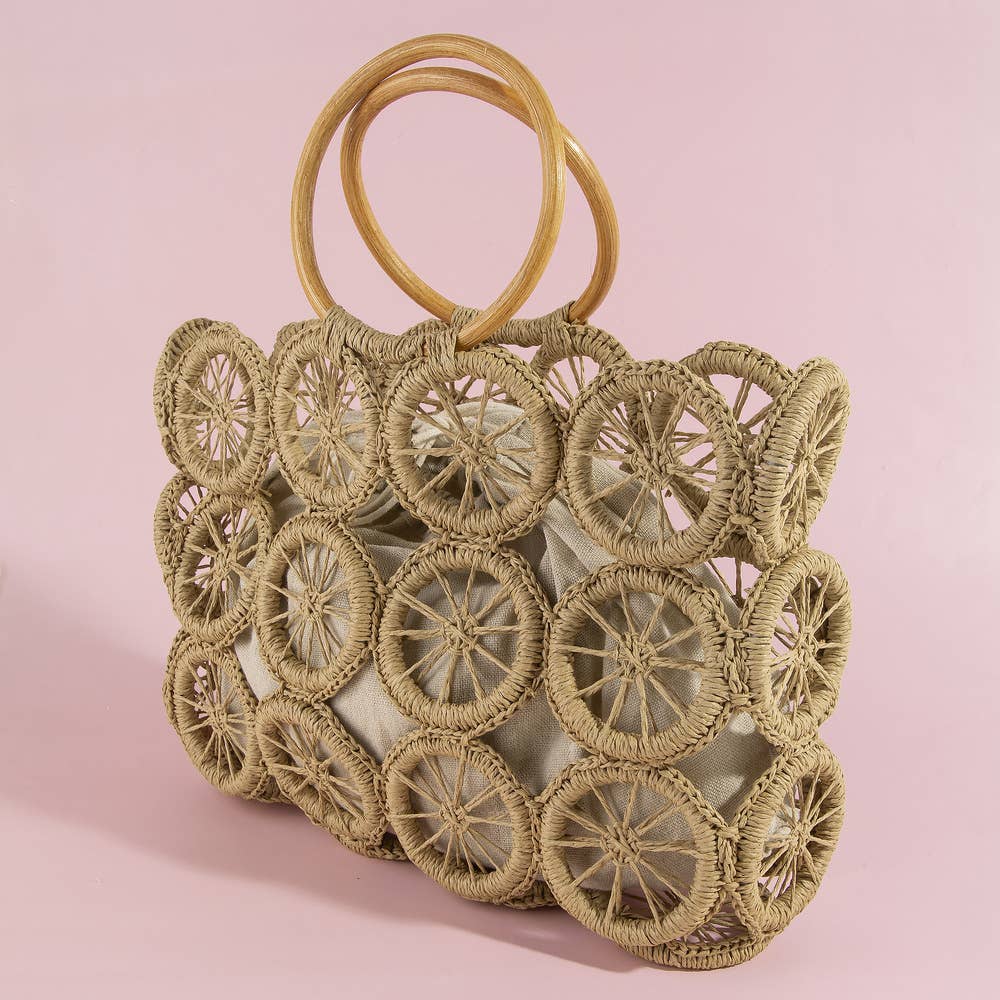 Open Circle Weave Straw Tote Bag With Wood Handle: IV
