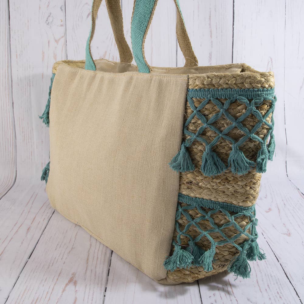 Seahorse Embroidered Jute Fringe Panel Tote Bag: MULTI