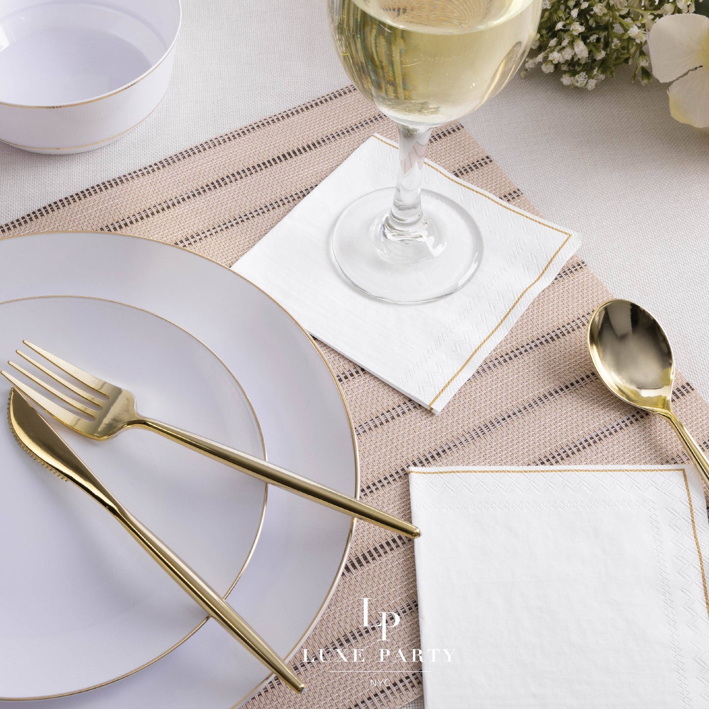 White with Gold Stripe Paper Cocktail Napkins | 20 Napkins: 20 Beverage Napkins - 5" x 5"