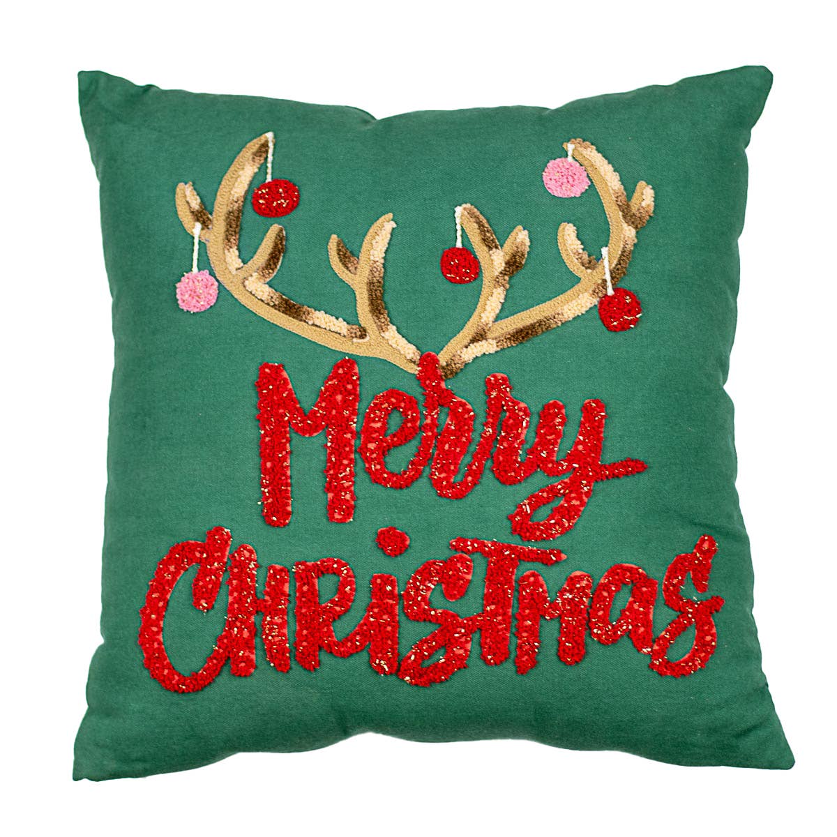 Antler Merry Christmas Pillow   Green/Red/Multi   16x16