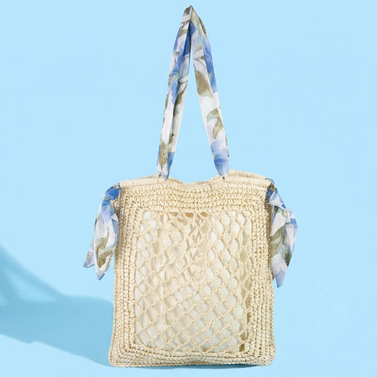 Floral Scarf Handle Open Weave Straw Tote Bag: IV