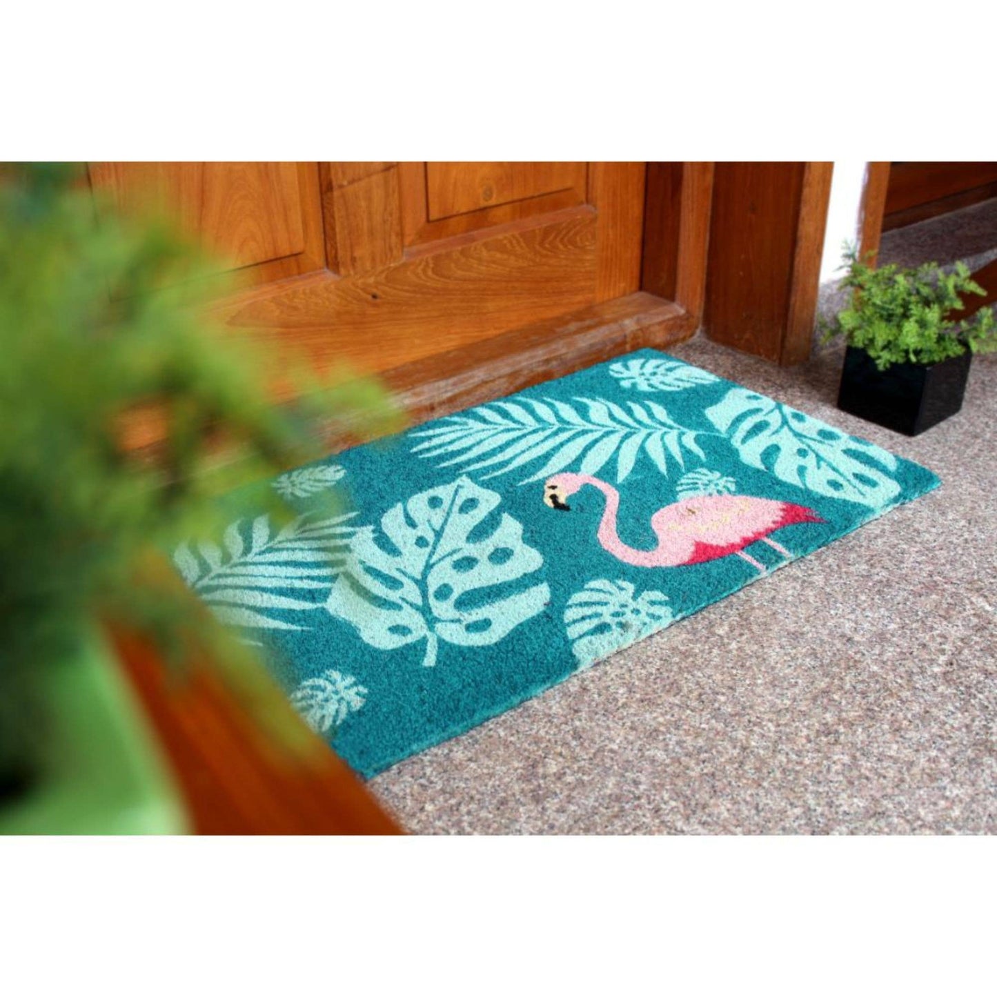 Blue Palm Flamingo Doormat, 18" x 30"