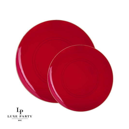 Red • Gold Round Plastic Plates | 10 Pack: 10 Plastic Plates / 10.25" Dinner Plates