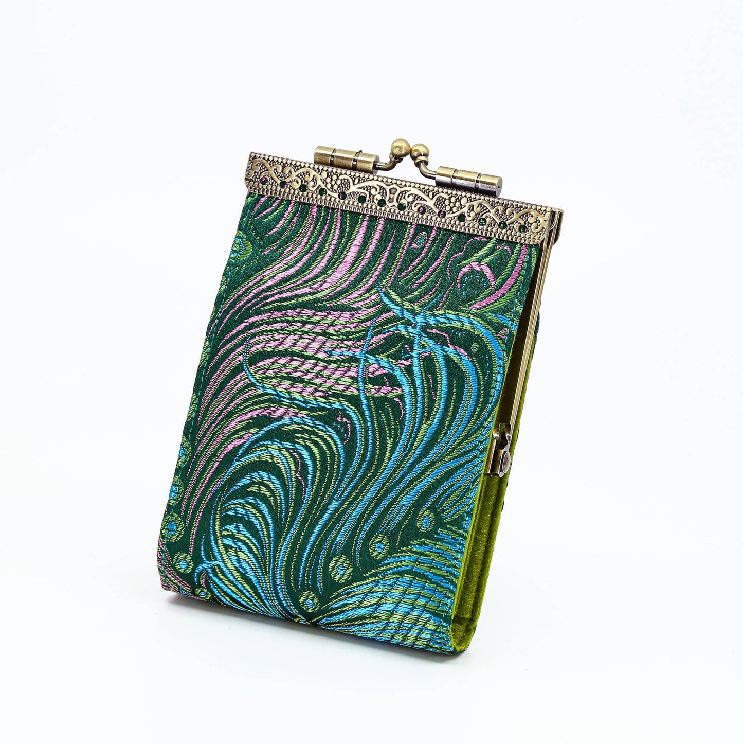Peacock Brocade RFID Card Holder / Wallet: Gray & Pink