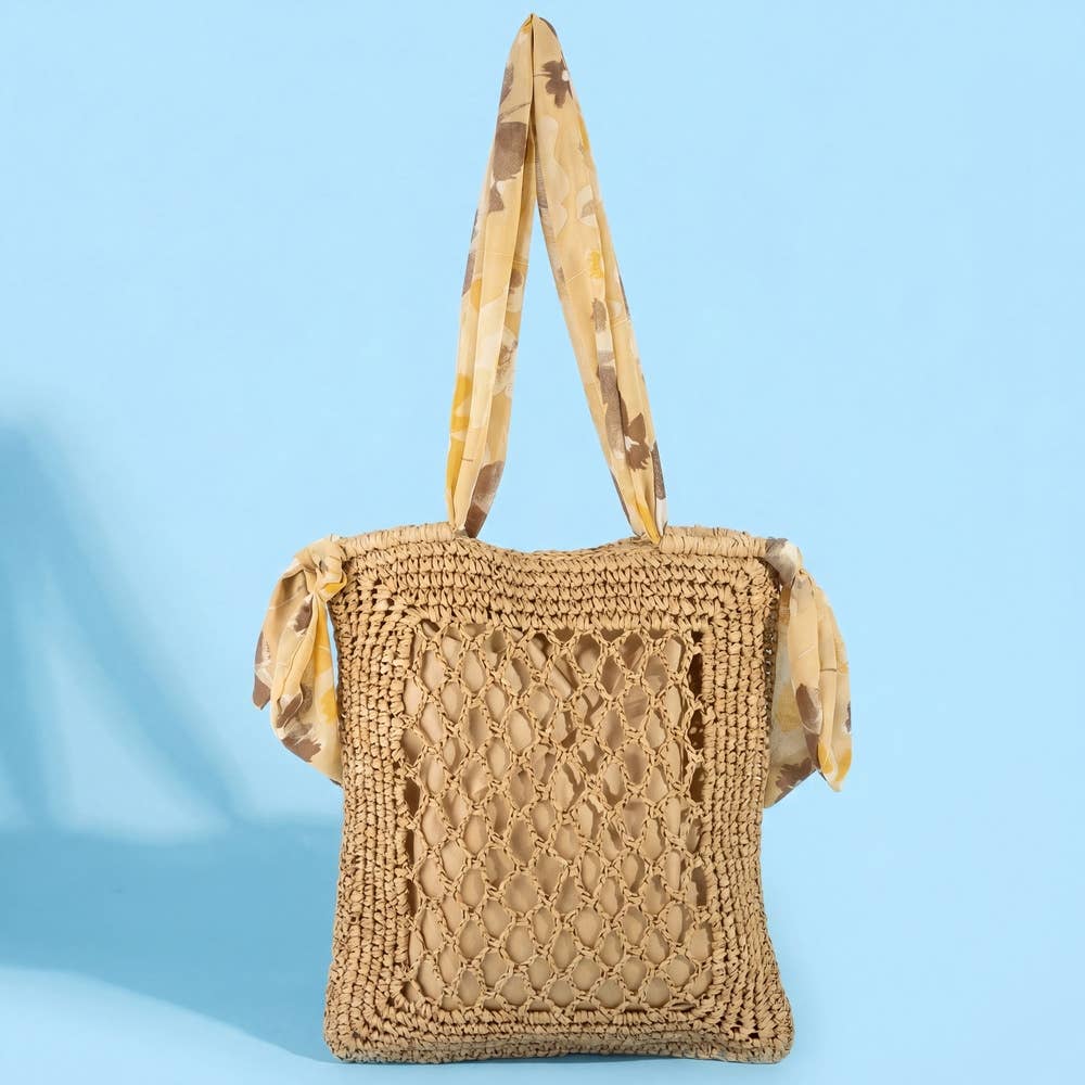 Floral Scarf Handle Open Weave Straw Tote Bag: IV
