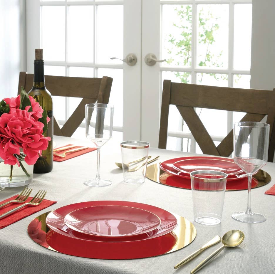 Red • Gold Round Plastic Plates | 10 Pack: 10 Plastic Plates / 7.25" Appetizer Plates