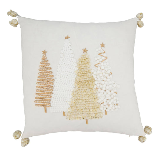 Holiday Cheer Christmas Trees Throw Pillow with Pom-Pom Trim: Gold / Poly Filled / 18"