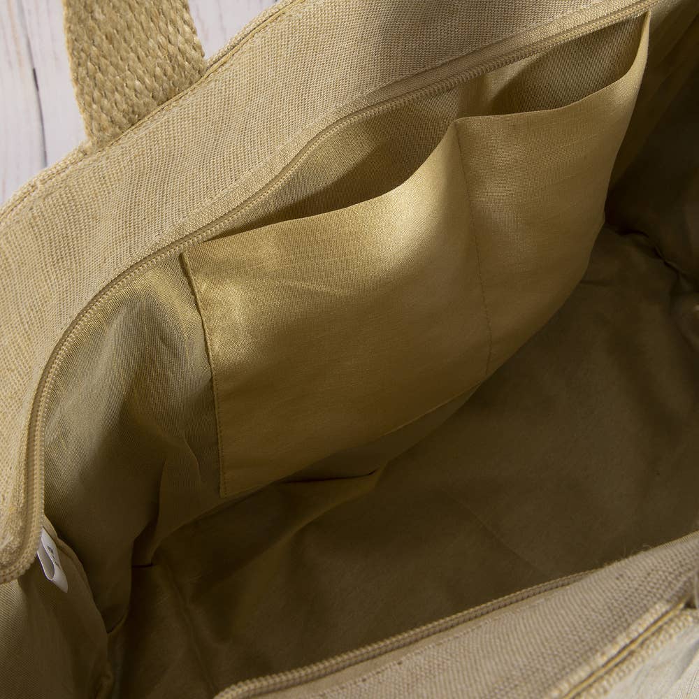 Seahorse Embroidered Jute Fringe Panel Tote Bag: MULTI