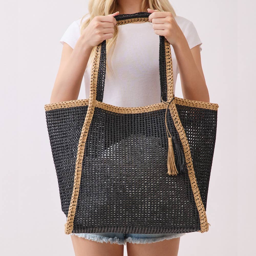 Two Tone Woven Straw Tote Bag: PK