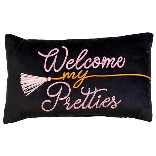 Welcome My Pretties Lumbar Pillow   Black/Pink/Orange   12x20