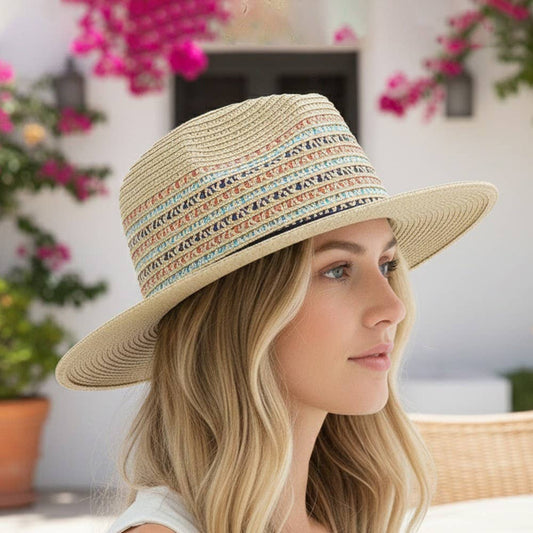 Multicolor Woven Straw Fedora Hat: NA
