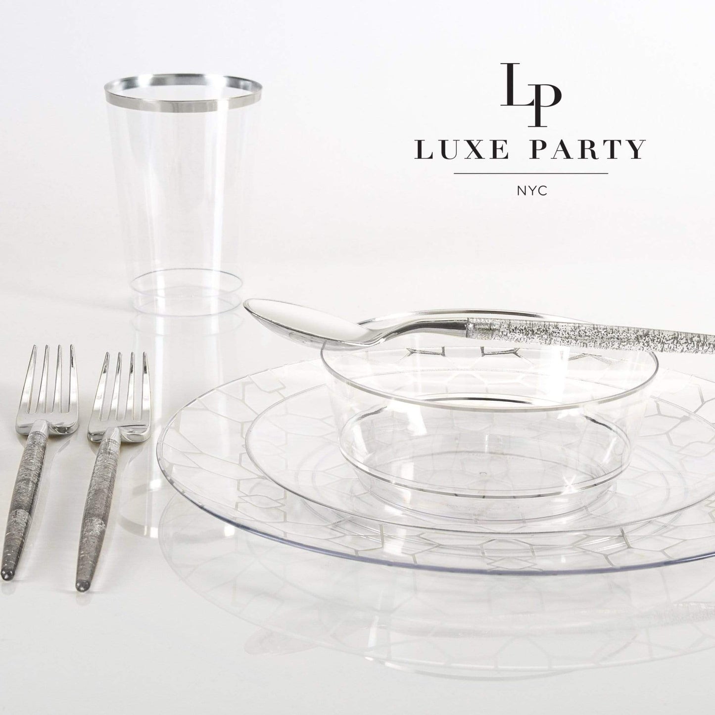 Clear • Silver Round Plastic Plates | 10 Pack: 10 Plastic Plates / 7.25" Appetizer Plates