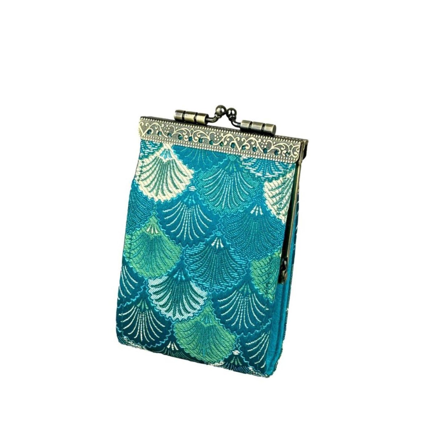 Small Shell Brocade RFID Card Holder: Sky Blue & Green