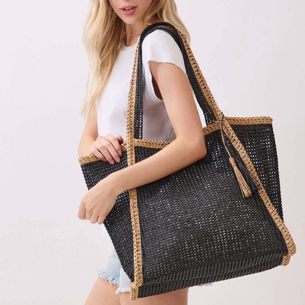 Two Tone Woven Straw Tote Bag: PK