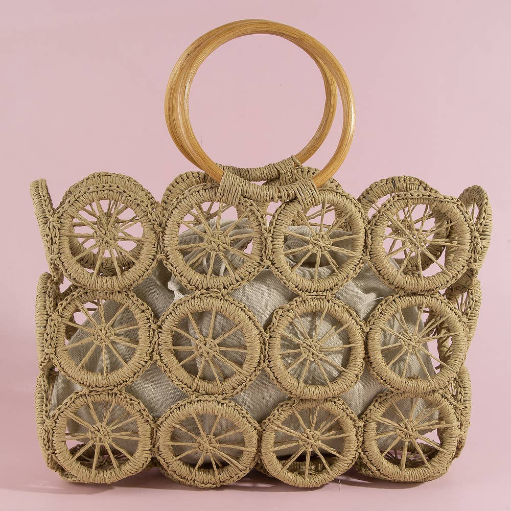 Open Circle Weave Straw Tote Bag With Wood Handle: IV