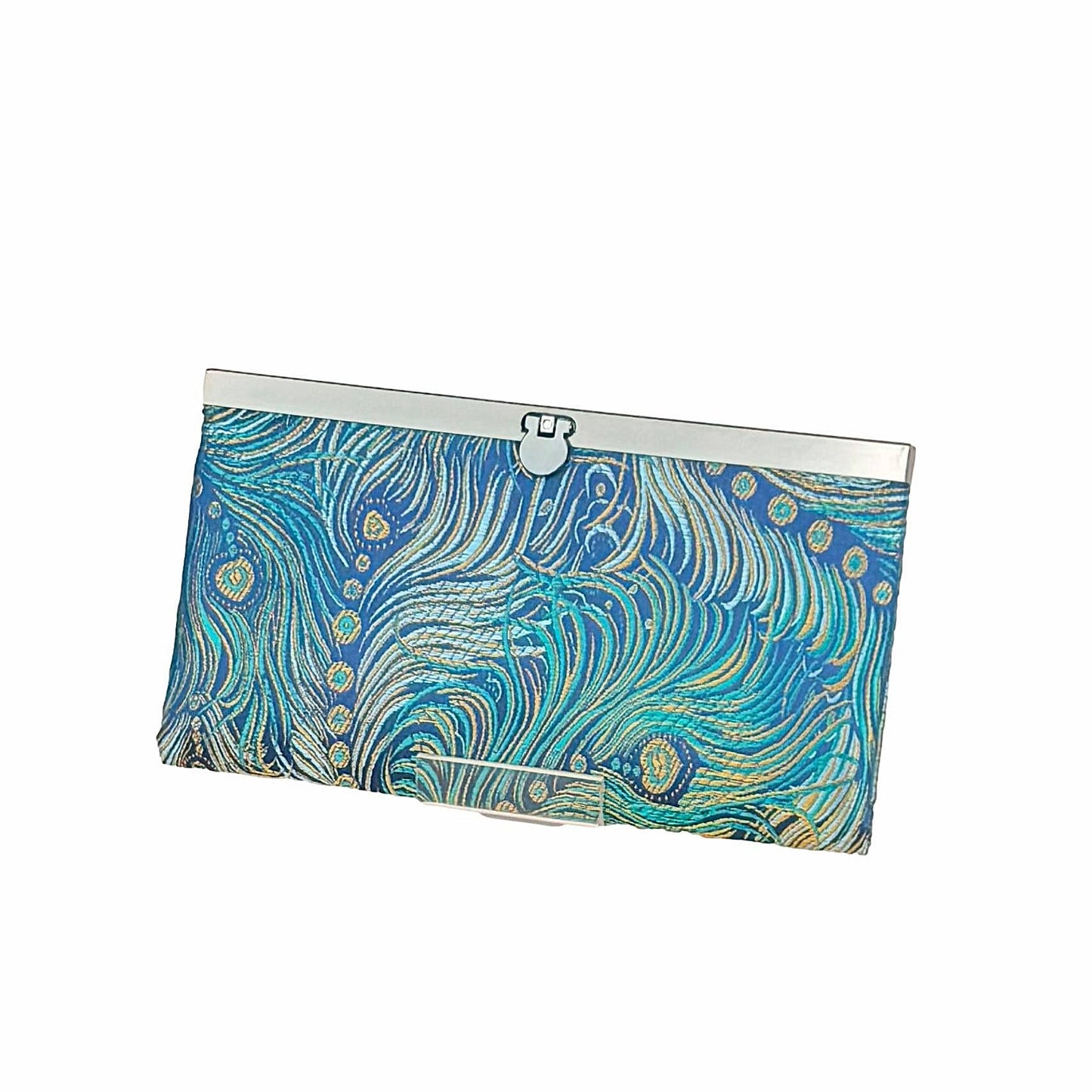 Peacock Brocade Wallet – Bi-Fold Clutch with Clasp: Gray & Gold