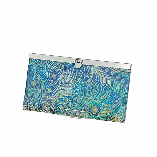 Peacock Brocade Wallet Blue & Gold Bi-Fold Clutch with Clasp