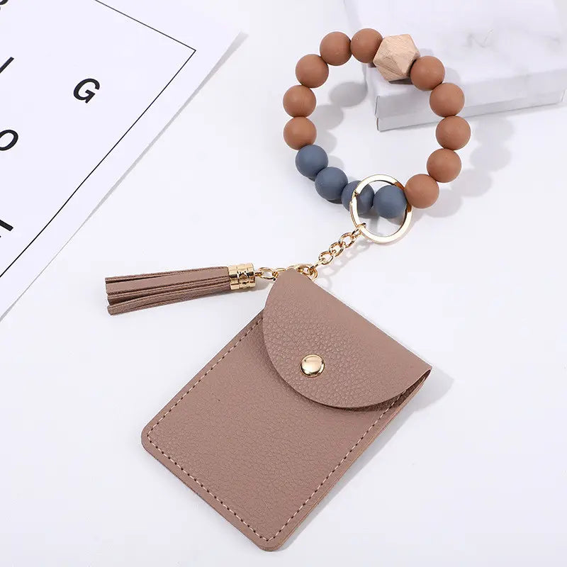 Tan Bead Bracelet Card Holder Wallet