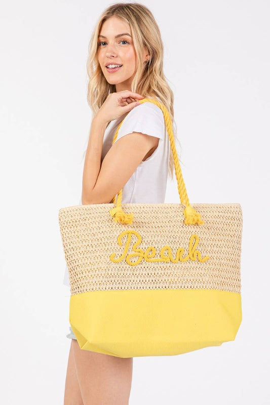YE Large Beach Print Braided Tote Bag