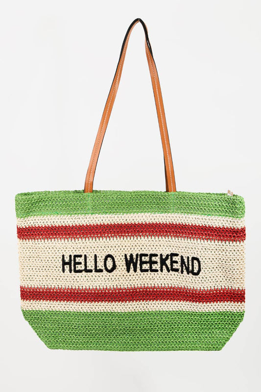 Hello Weekend Straw Braided Tote Bag: GN
