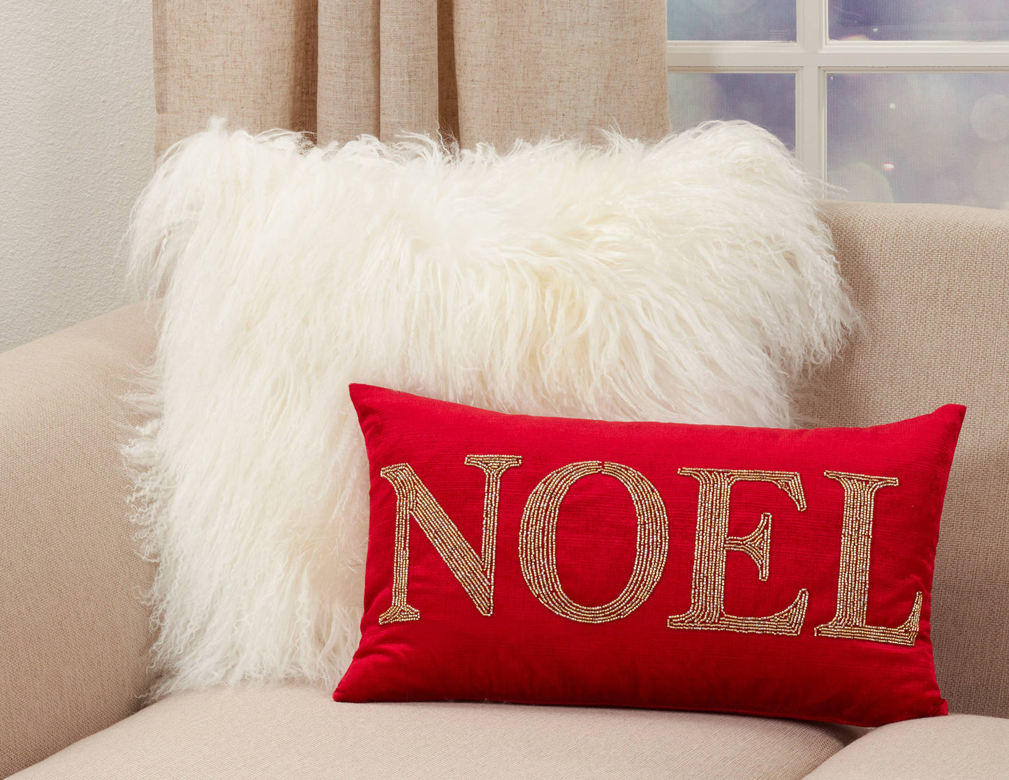 Beaded Throw Pillow With Noel Design: Red / Poly Filled / 12"x20"