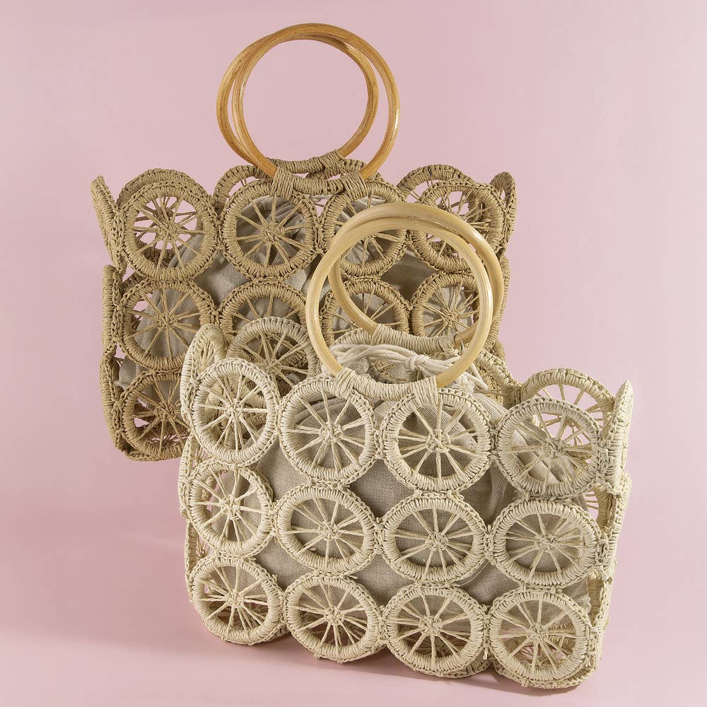 Open Circle Weave Straw Tote Bag With Wood Handle: IV