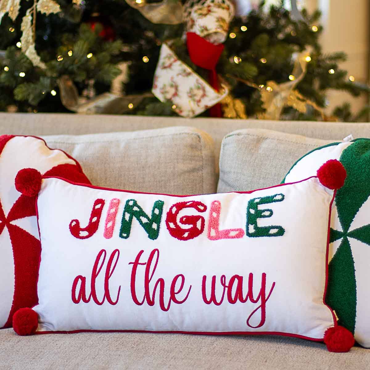 Jingle All The Way Lumbar Pillow   Soft White/Red   24x13