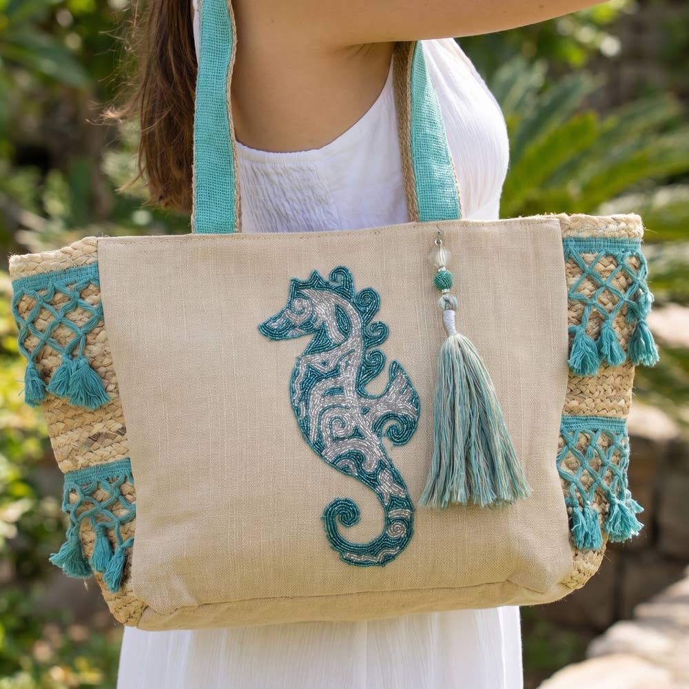Seahorse Embroidered Jute Fringe Panel Tote Bag: MULTI