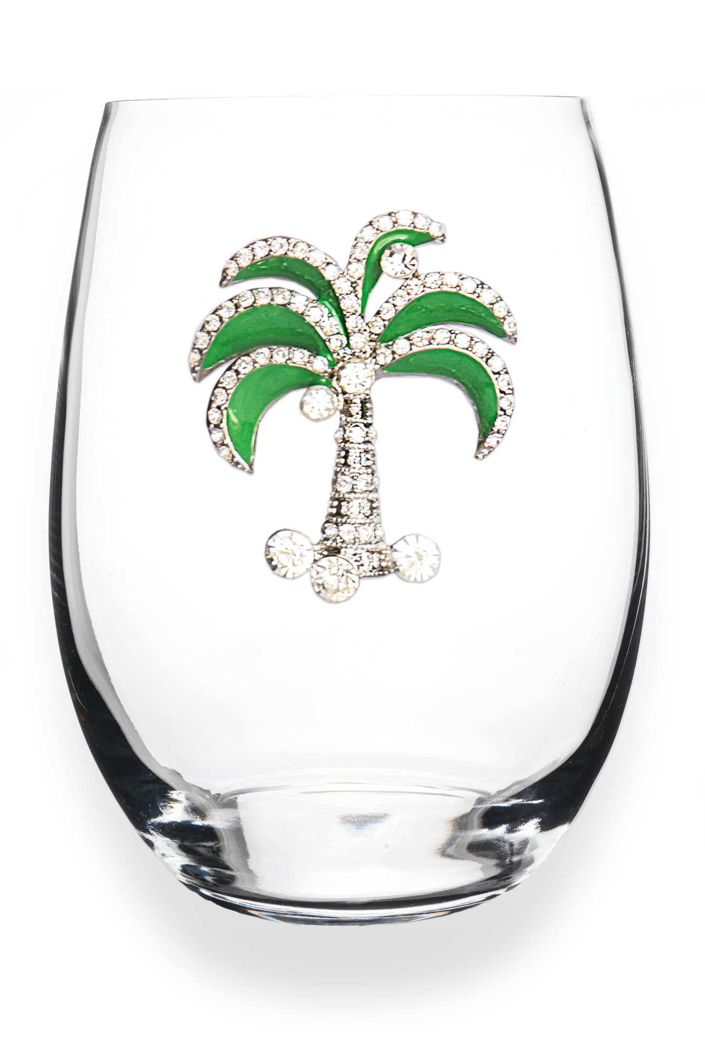 Green Diamond Palm Tree Jeweled Stemless Wine Glass