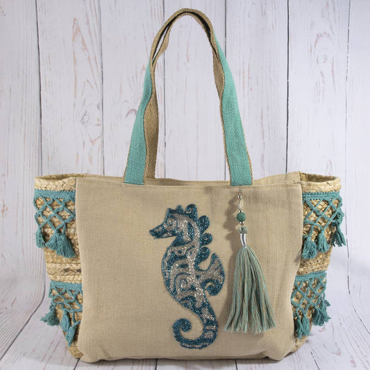 Seahorse Embroidered Jute Fringe Panel Tote Bag: MULTI