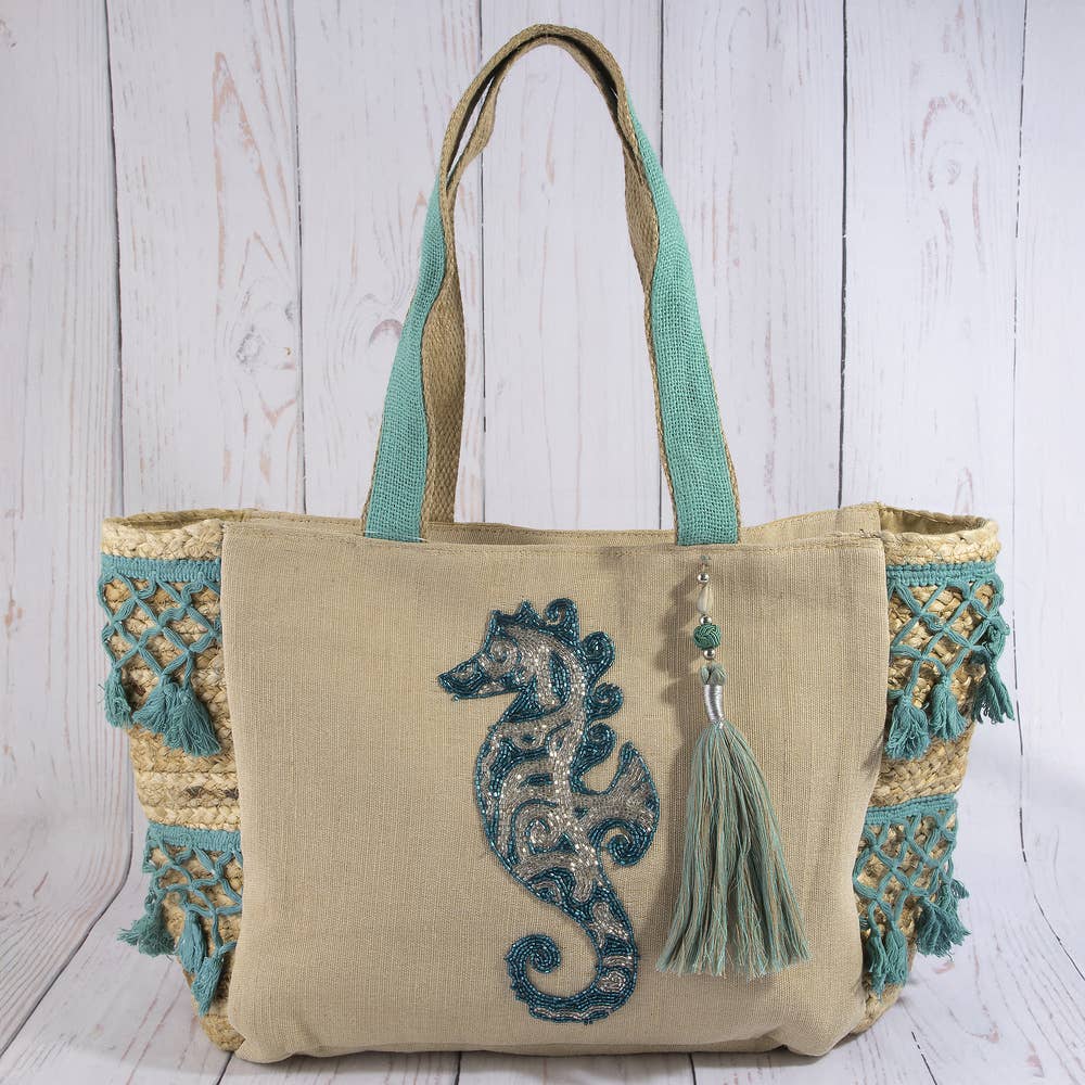 Seahorse Embroidered Jute Fringe Panel Tote Bag: MULTI