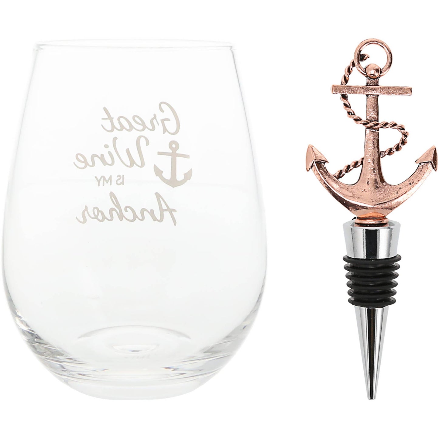 Anchor - Bottle Stopper and 20 oz Stemless Gift Set