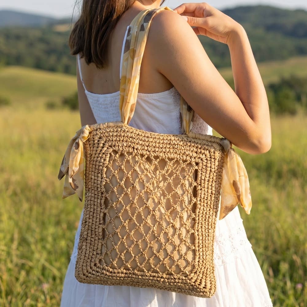 Floral Scarf Handle Open Weave Straw Tote Bag: IV