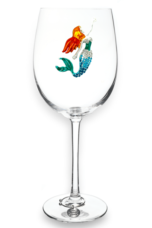 Red Headed Mermaid Jeweled Stemmed Wine Glass